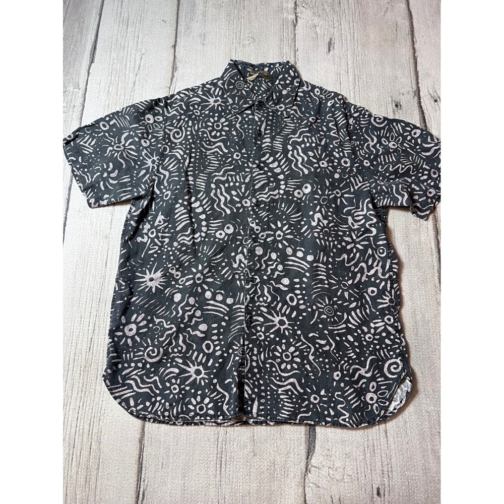 Axist Button Down‎ Shirt Mens XL Black Wave Washed Linen Abstract Print